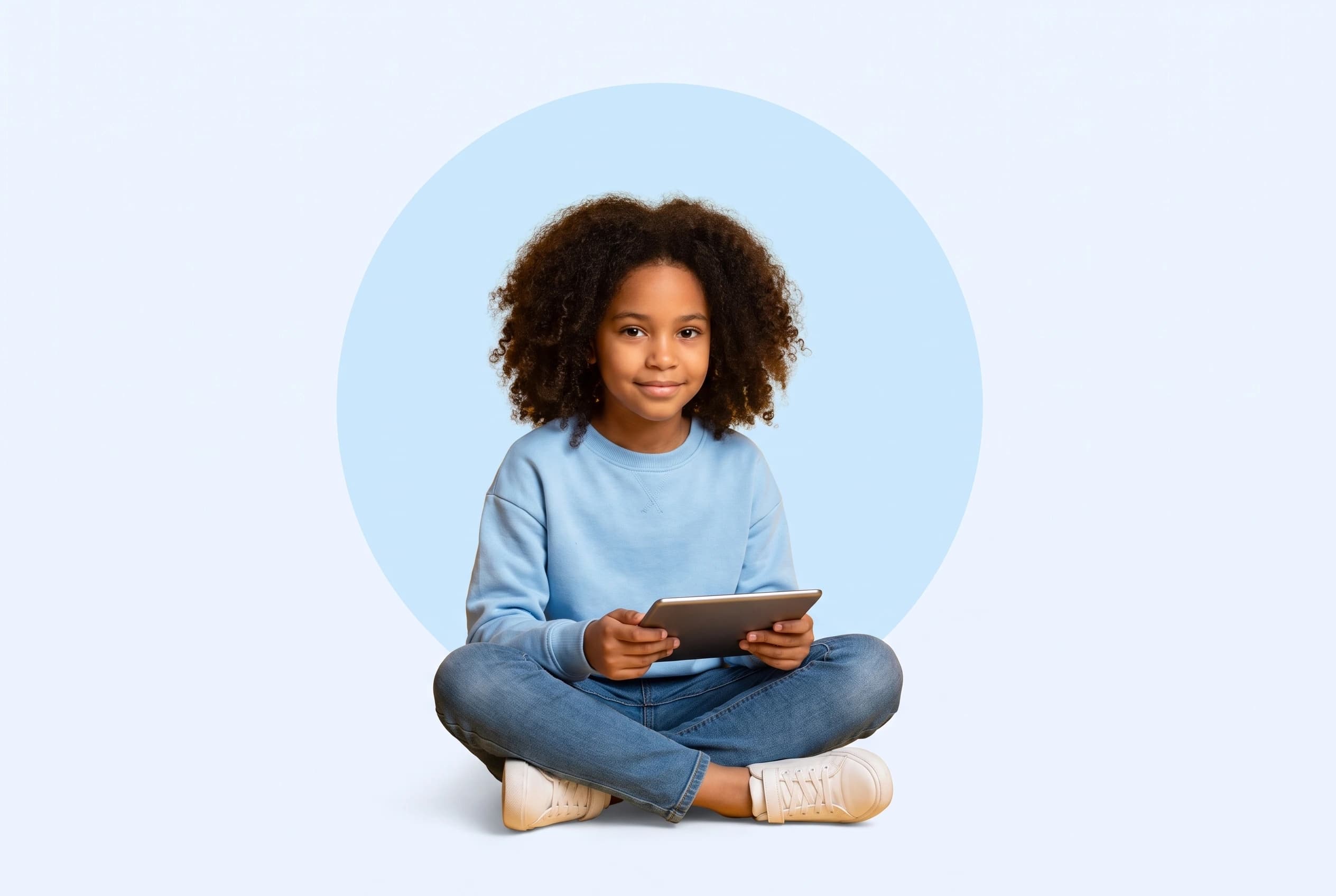 A child using a phone, surrounded by helpful information