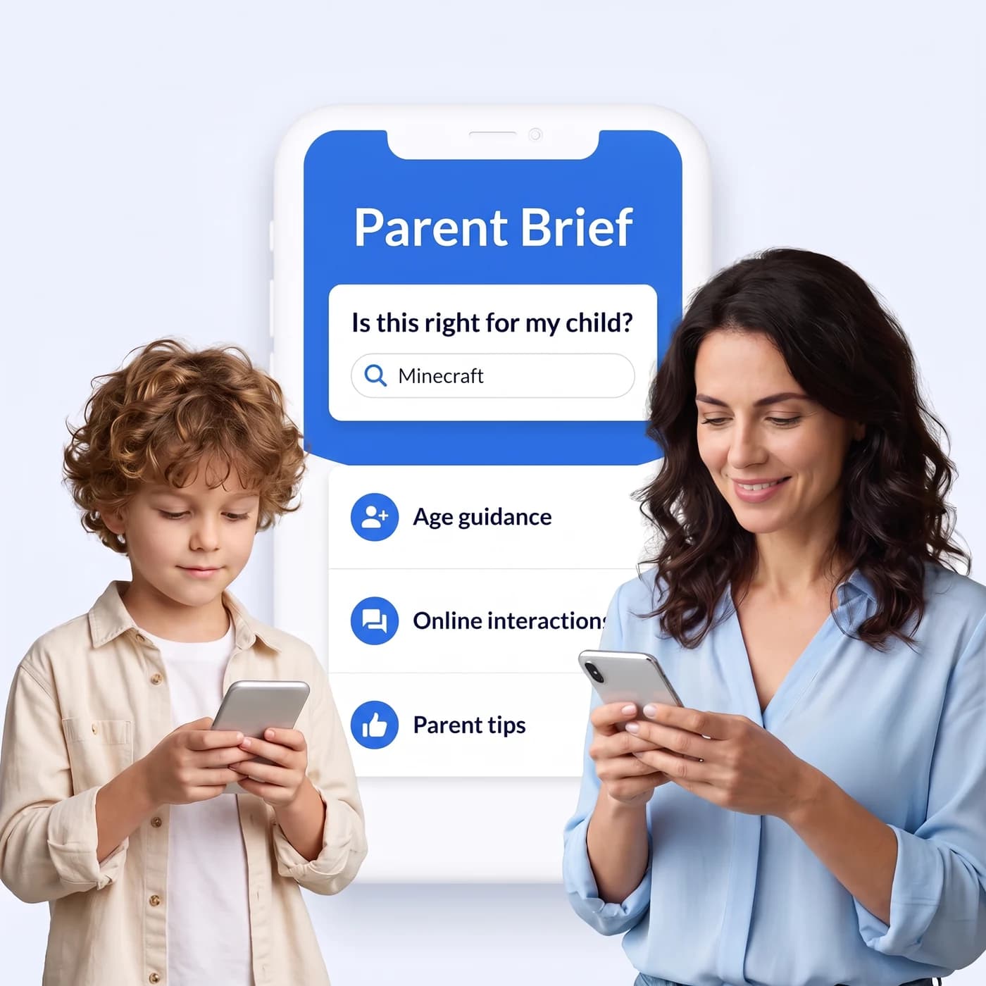 A mother and child using their phones beside a blue Parent Brief content-search screen